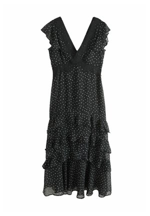 Fekete midi ruha fehér pöttyökkel, mély V-nyakkivágással, fodros ujjakkal, csipke szegéllyel és réteges fodros szegéllyel.