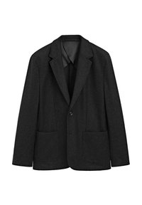 Schwarzer Wollblazer mit Reverskragen, einer Knopfleiste und zwei Fronttaschen. Glatte Textur und taillierter Schnitt.