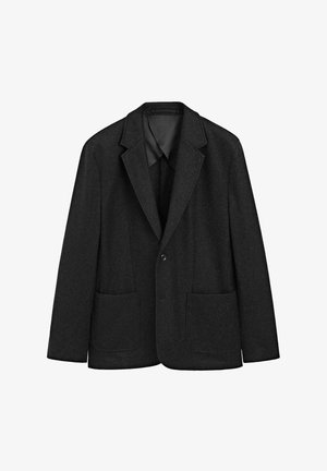 Herenblazer van charcoal wol met een notched lapels, enkele knoopsluiting en twee voorzakken. Gladde textuur en op maat gemaakte pasvorm.