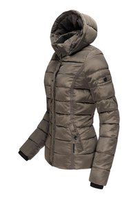 Puffy brown jacket with a hood, featuring quilted texture, front zipper, two side pockets, and ribbed cuffs. Smooth synthetic material.