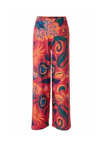 Pantalons larges d'un rouge vif, ornés d'un motif floral en orange, violet et vert. Fabriqués en tissu lisse et léger.