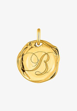Colgante de oro con una letra "B" elevada y grabada en una forma orgánica y redondeada, con un acabado texturizado. Asidero para sujeción en la parte superior.