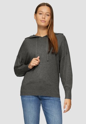 Sweat-shirt à capuche gris avec une coupe décontractée, des manches longues et un cordon de serrage. Texture douce avec des poignets et un ourlet côtelés.
