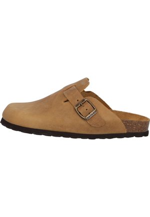 Brown suede clog with a buckle strap, cork footbed, and black rubber outsole. Rounded toe and slip-on design for easy wear.