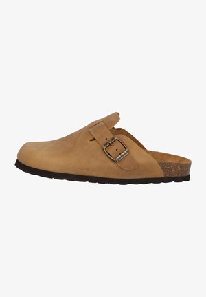 Brown suede clog with a buckle strap, cork footbed, and black rubber outsole. Rounded toe and slip-on design for easy wear.