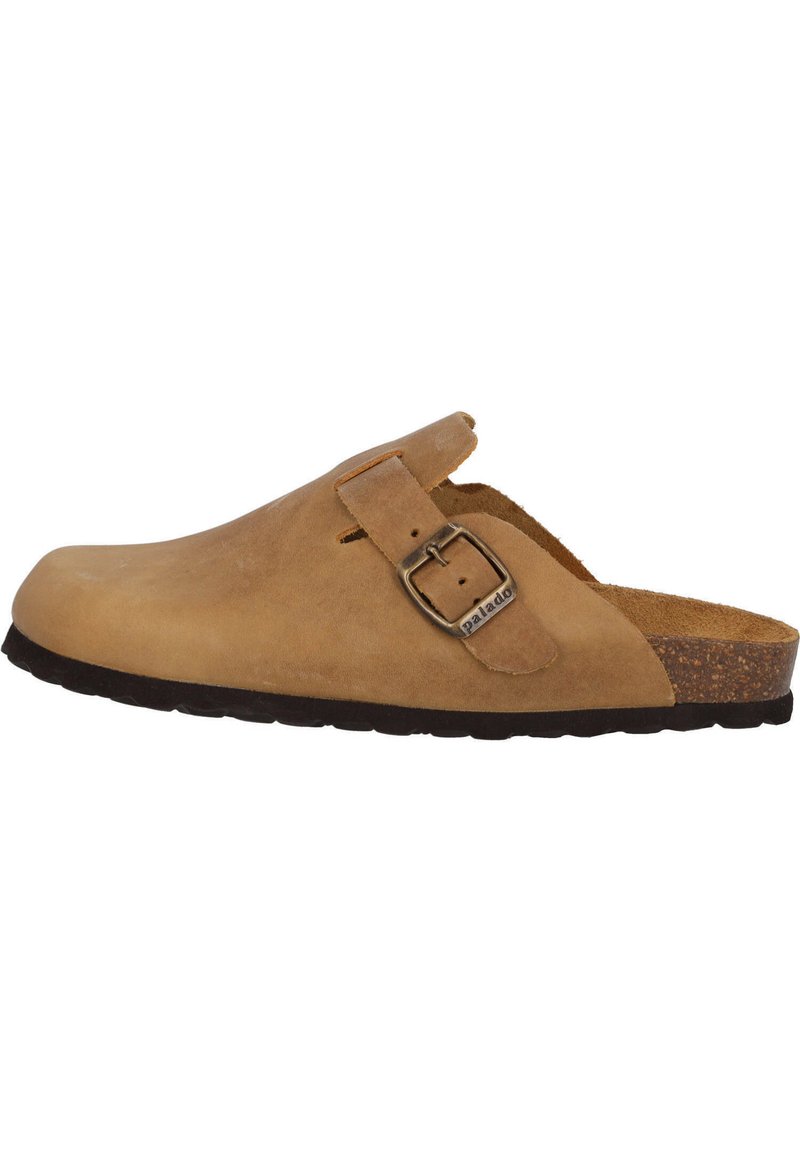 Brown suede clog with a buckle strap, cork footbed, and black rubber outsole. Rounded toe and slip-on design for easy wear.
