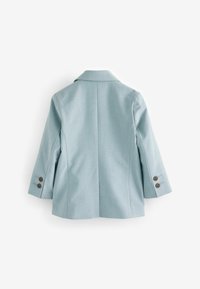 Blazer celeste chiaro con colletto a punta, maniche a 3/4 e due dettagli con bottoni marroni su ciascun polsino. Tessuto liscio con una silhouette su misura.