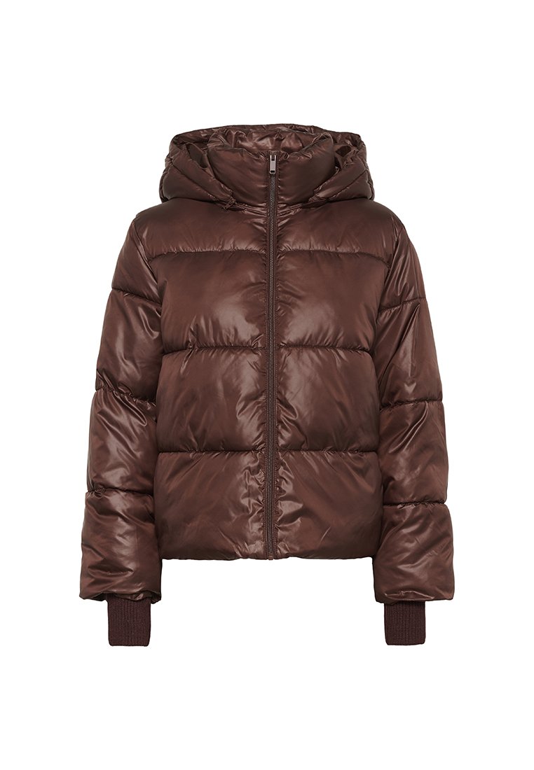 Braune Puffjacke mit glänzender Oberfläche, Kapuze, Frontreißverschluss und gerippten Bündchen. Das Design zeigt horizontale Steppabschnitte.