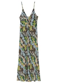 Kukallinen maksimekko, jossa säädettävät spagettihihnat, syvä V-pääntie sekä yhdistelmä vihreää, sinistä ja beigeä tummaa taustaa vasten.