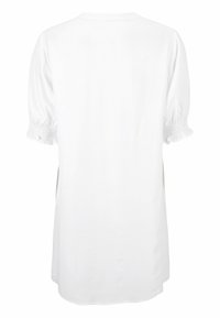 Top bianco a maniche corte con scollatura rotonda, texture arricciata sulle maniche e spacchi laterali per un maggiore comfort. Finitura in tessuto liscia.