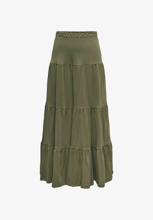 Olive zelena maxi krila z večplastnim dizajnom, izdelana iz mehkega blaga z elastičnim pasom. Ima tri vodoravne volane in tekoč dizajn.