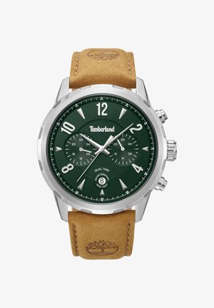 Runde Silberuhr mit grünem Ziffernblatt, weißen Stundenmarkierungen und Chronographenfunktionen. Brauner Lederarmband mit Logo-Prägung. Wasserdicht bis 50m.