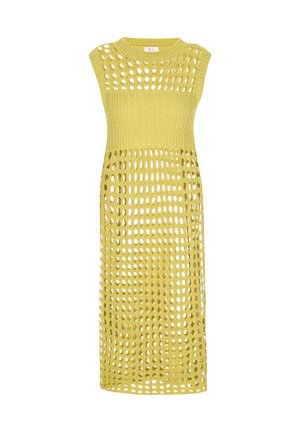 Yellow knitted midi dress with a sleeveless design, featuring large open mesh patterns and a ribbed neckline.