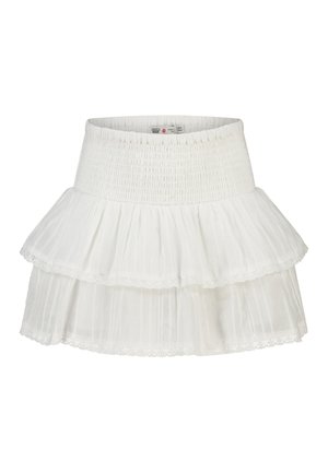 Witte gelaagde minirok met geplooide elastische tailleband en delicate kanten rand op gelaagde stof.