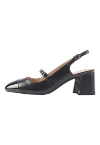 Pantofi slingback din piele neagră, cu vârf ascu�țit, capac lucios, curea cu cataramă ajustabilă și toc bloc robust. Textură netedă și design elegant.