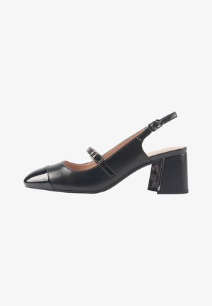 Black leather slingback pump with a pointed toe, glossy cap, adjustable buckle strap, and a chunky block heel. Smooth texture with sleek design.