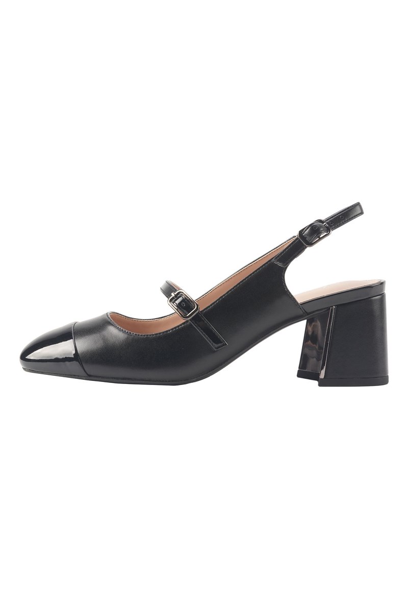 Pantofi slingback din piele neagră, cu vârf ascuțit, capac lucios, curea cu cataramă ajustabilă și toc bloc robust. Textură netedă și design elegant.