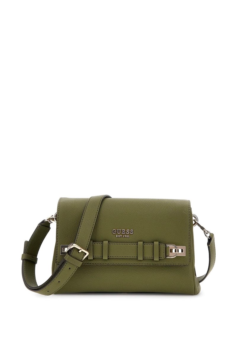 Borsa a tracolla verde in pelle con superficie testurizzata, hardware in argento e dettaglio decorativo a fibbia sulla parte anteriore. Cintura regolabile.