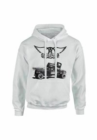 Weißer Hoodie mit einem schwarzen grafischen Design eines Vintage-Trucks und dem "Aerosmith"-Logo mit Flügeln. Weiches Material, Kapuze mit Kordelzug, Fronttasche.