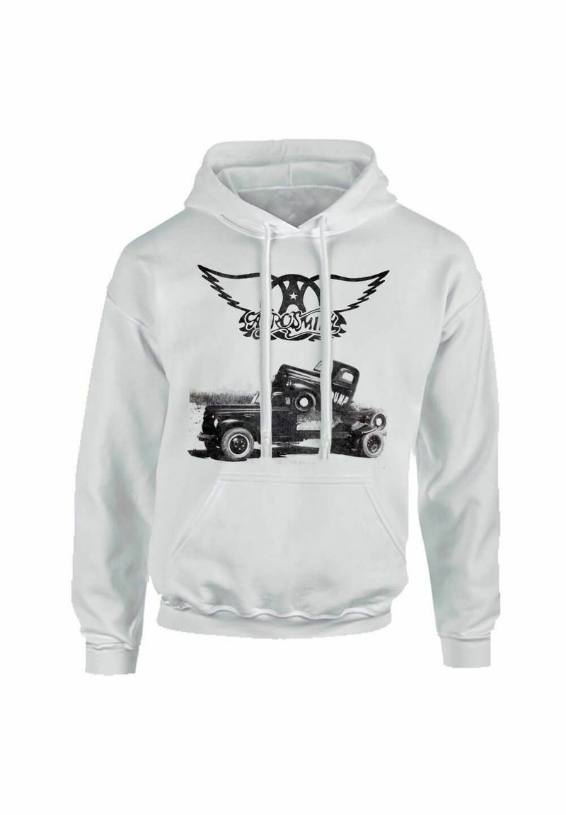 Weißer Hoodie mit einem schwarzen grafischen Design eines Vintage-Trucks und dem "Aerosmith"-Logo mit Flügeln. Weiches Material, Kapuze mit Kordelzug, Fronttasche.
