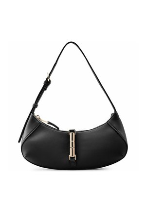 Borsa a mezzaluna in pelle nera con tracolla regolabile e dettaglio centrale con chiusura cilindrica dorata.