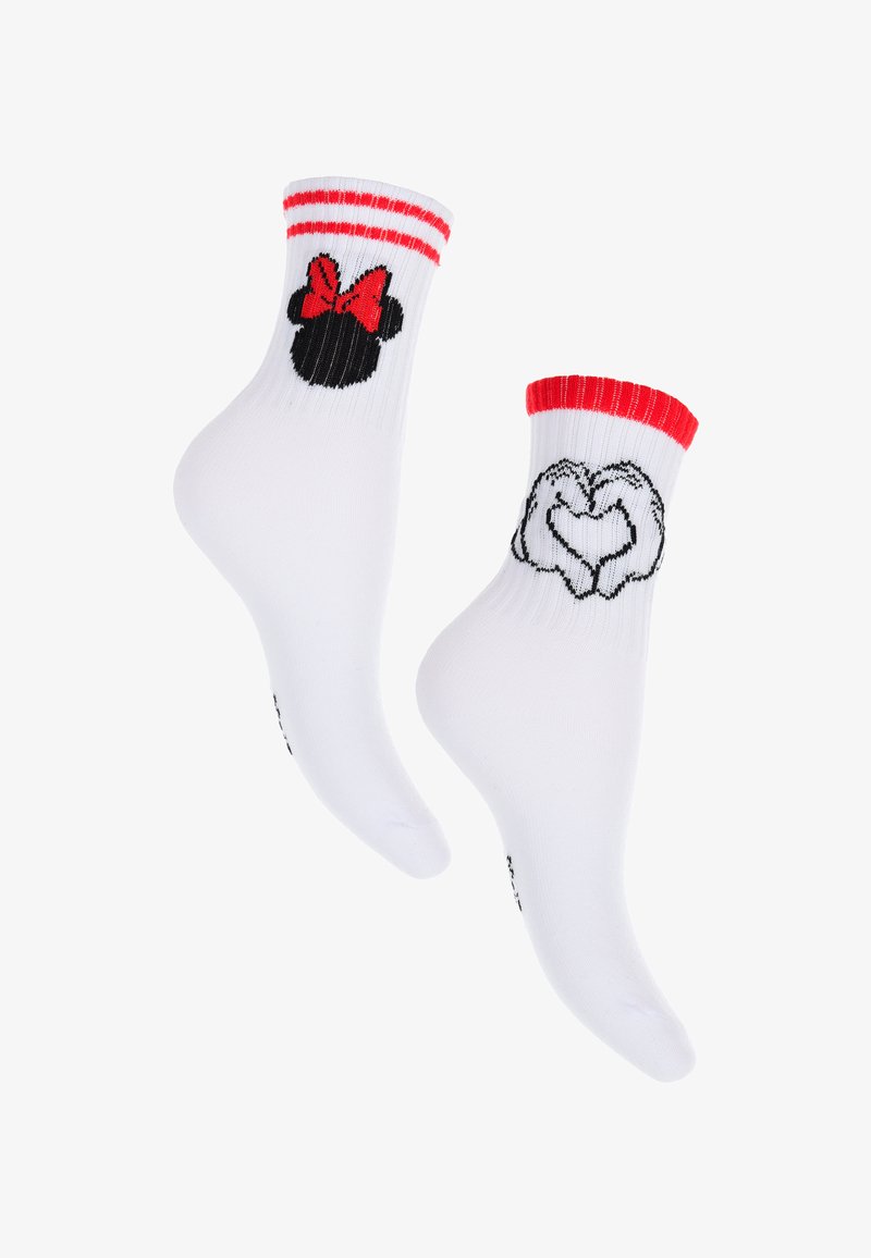 White ankle socks with red striped cuffs. One sock features a black silhouette of a character with a red bow, the other has a heart design.