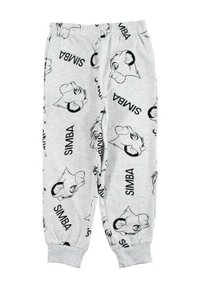 Pantalon de pyjama en coton gris avec une ceinture élastique, présentant des visages de lion cartoon noirs répétés et le texte "SIMBA" dans différentes orientations.