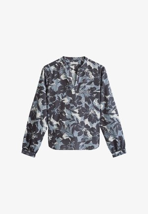 Long-sleeve blouse with black, gray, and white floral pattern, V-neck collar, and elastic cuffs.