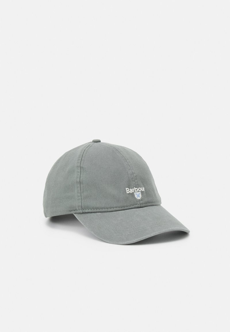 Boné de basebol cinza em algodão com aba curva, apresentando um logo branco e costuras na parte da frente. Textura suave com ventiladores em ilhós.