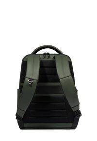 Green and black backpack featuring padded straps, a textured mesh back, and a top handle. Sleek design with zippered compartments.