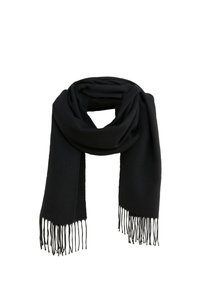 Sort tørklæde lavet af blødt stof med en knyttet detalje og frynser i enderne. Glat tekstur med et minimalistisk udseende.