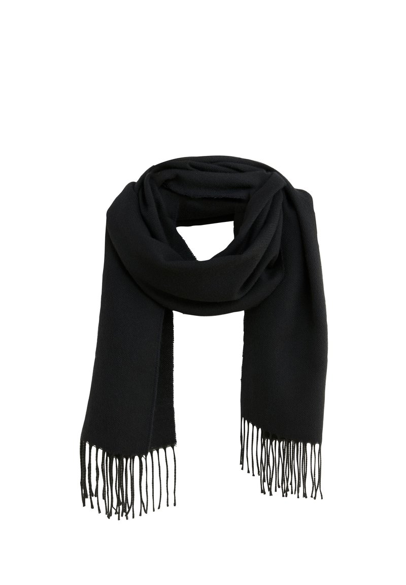 Sort tørklæde lavet af blødt stof med en knyttet detalje og frynser i enderne. Glat tekstur med et minimalistisk udseende.