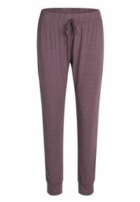 Kevyt violetti pyjama-housut, joissa on kukkallinen kuvio, joustava vyötärönyöri ja kireät hihnat nilkoissa.