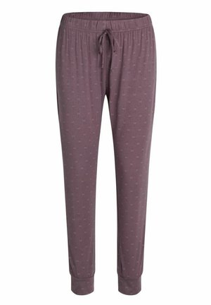 Lätta lila pijamabyxor med blommönster, elastisk midja med dragsko och åtsittande mudd vid anklarna.