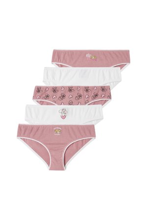 Fünf Paare Damenunterwäsche in verschiedenen Stilen. Die Farben umfassen Pink und Weiß mit Comic-Drucken, weichem Stoff und elastischen Bündchen.