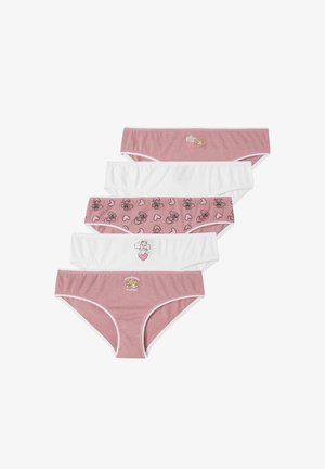 Fünf Paare Damenunterwäsche in verschiedenen Stilen. Die Farben umfassen Pink und Weiß mit Comic-Drucken, weichem Stoff und elastischen Bündchen.
