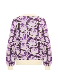 Maglione lavorato a maglia con un motivo floreale di lavanda e rose viola su uno sfondo scuro, con polsini e orlo a coste color crema.