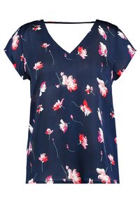 Blusa floreale navy con scollatura a V, maniche corte e vivaci motivi di fiori rosa e bianchi. Realizzata in tessuto leggero e testurizzato.