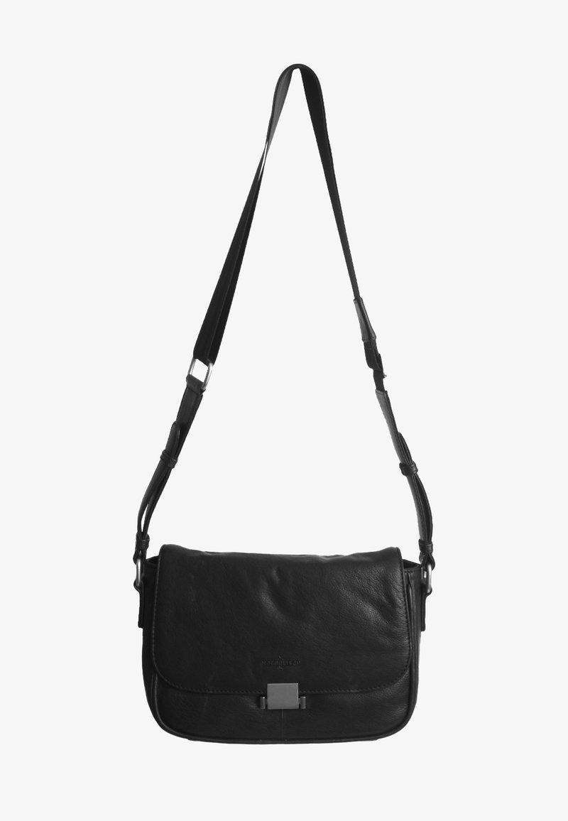 Borsa a messenger nera in pelle con una superficie liscia, tracolla regolabile e chiusura in metallo argentato sulla patta frontale.