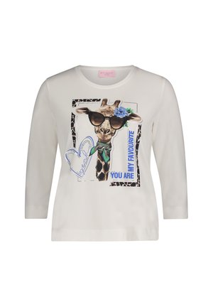 Weißes Langarm-T-Shirt mit einem Giraffen-Motiv, Sonnenbrille und Blumen. Enthält blauen Text "DU BIST MEIN LIEBLING" und tierische Print-Akzente.