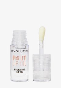 Gjennomsiktig plastflaske med leppeolje med rosa og svart tekst. Har en hvit applikatorstang med myk spiss. Inneholder en fuktighetsgivende formel.