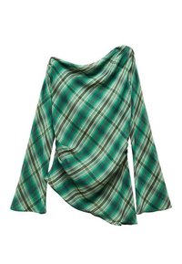 Top lungo a maniche lunghe verde a quadri asimmetrico con scollatura drappeggiata e scivolata sulla spalla e maniche svasate.
