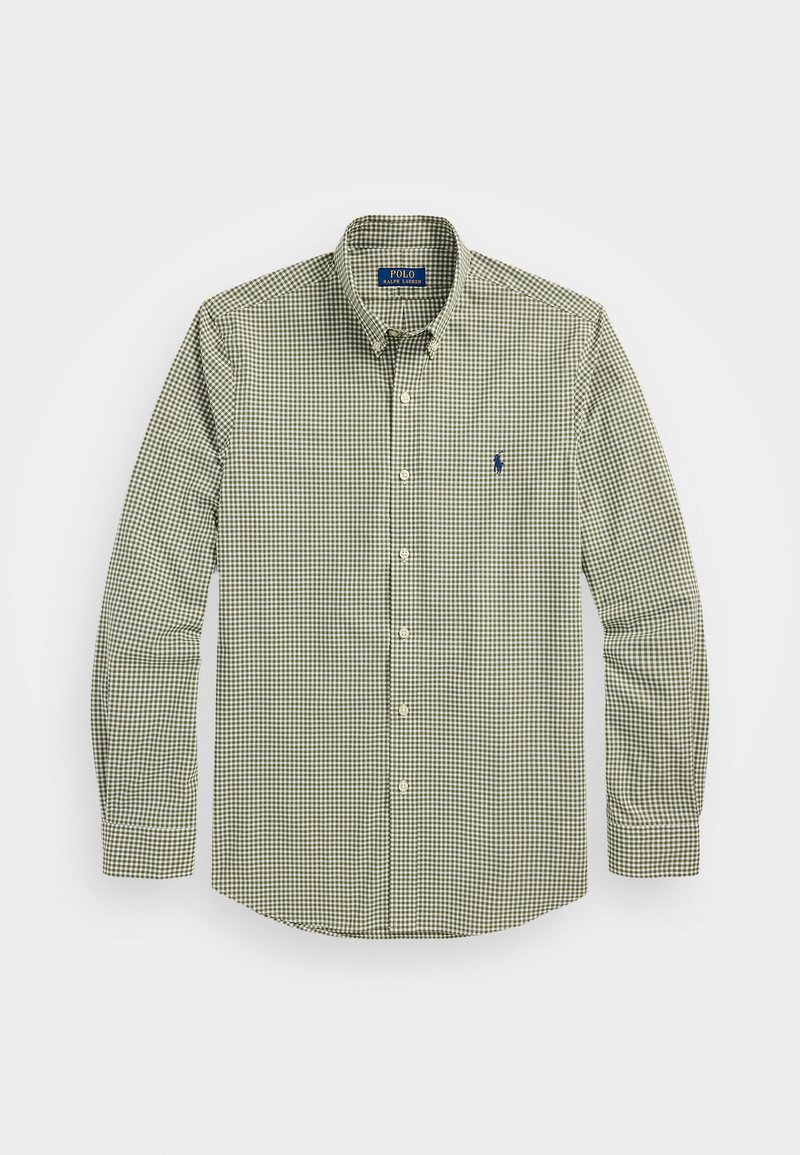 Groen en wit geruit overhemd met lange mouwen en een kraag. Heeft een blauw logo op de linkerkant van de borst en een afgeronde zoom.