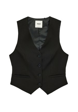 Gilet nero su misura con quattro bottoni sul davanti, due tasche a filetto frontali e scollatura a V, etichettato Koton Business.