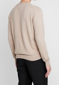 Beige gestrickter Pullover mit rundem Halsausschnitt, gerippten Bündchen und Saum, mit einem subtilen V-Detail hinten. Glatte Textur, leichtes Design.