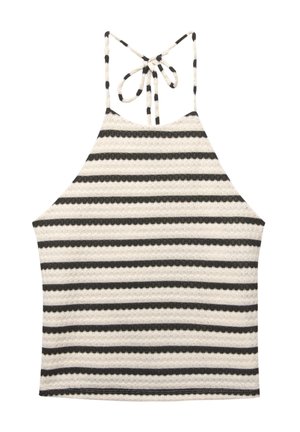 Haut halterneck rayé avec un col à nouer ajustable, comportant des couleurs alternées noir et crème, un tissu texturé et une silhouette ample.