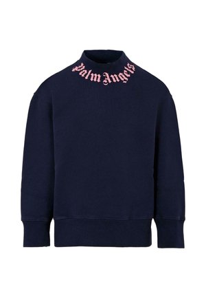 Felpa navy con collo alto e maniche lunghe, caratterizzata da un logo "Palm Angels" rosa in un font decorativo sul collo.