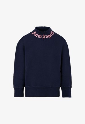 Felpa navy con collo alto e maniche lunghe, caratterizzata da un logo "Palm Angels" rosa in un font decorativo sul collo.