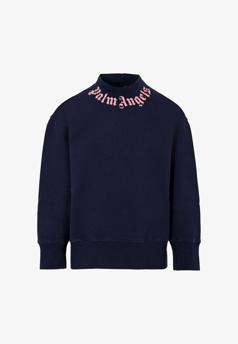 Felpa navy con collo alto e maniche lunghe, caratterizzata da un logo "Palm Angels" rosa in un font decorativo sul collo.
