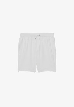 Valged vabaaja lühikesed püksid elastse vöökohaga ja ees oleva nööriga, küljetaskute ning lõdva lõikega.